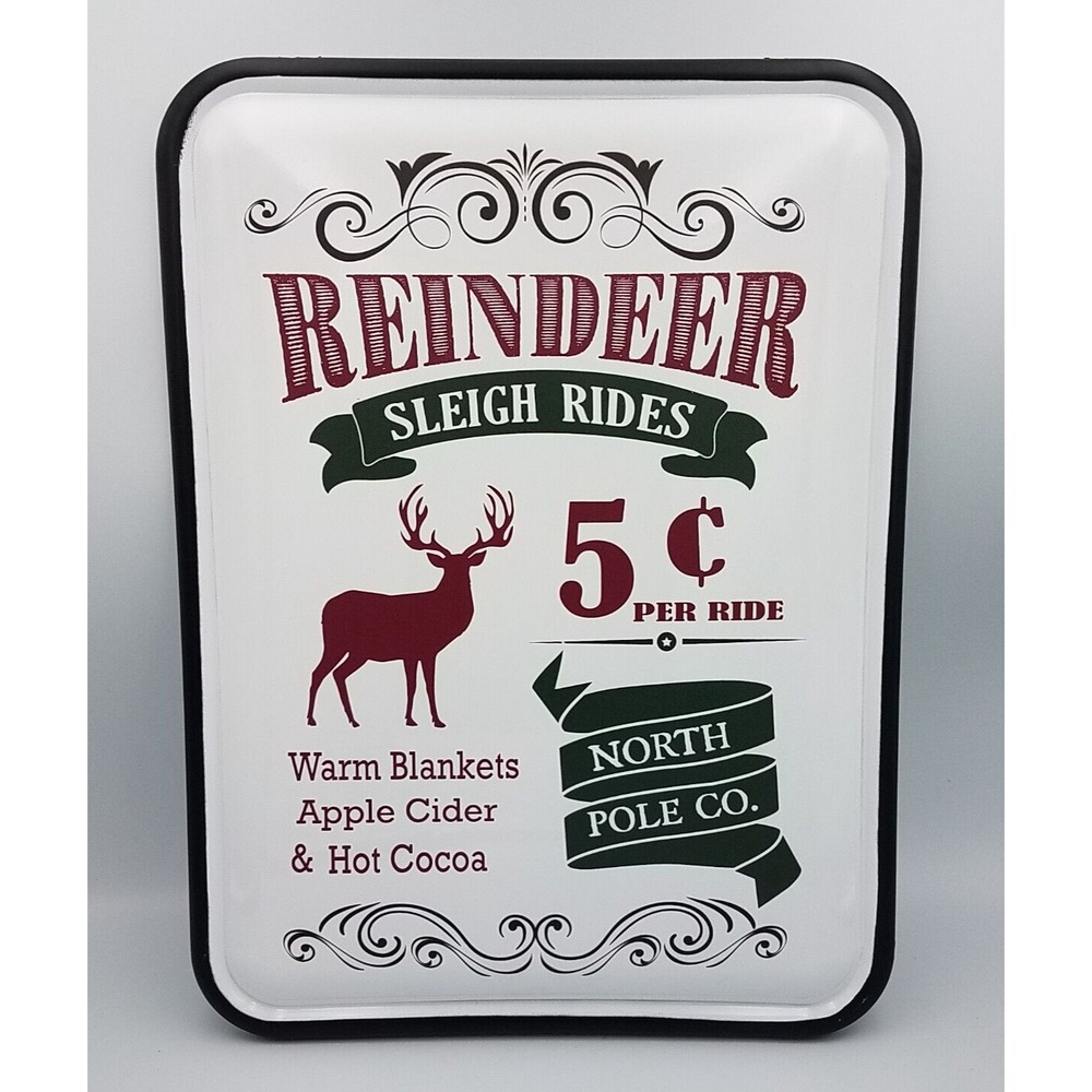 Reindeer Sleigh Rides Farmhouse Metal Enamel Sign 5 cents Vintage Style 16" x12"